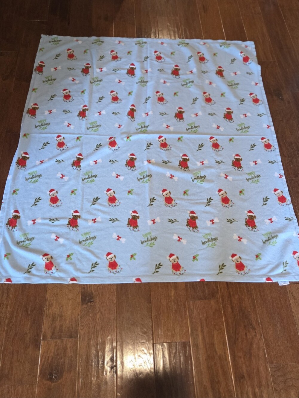 ST. Nilcholas Square Light Blue Fleece Throw with Dog Holiday Motifs 48.5"× 55"